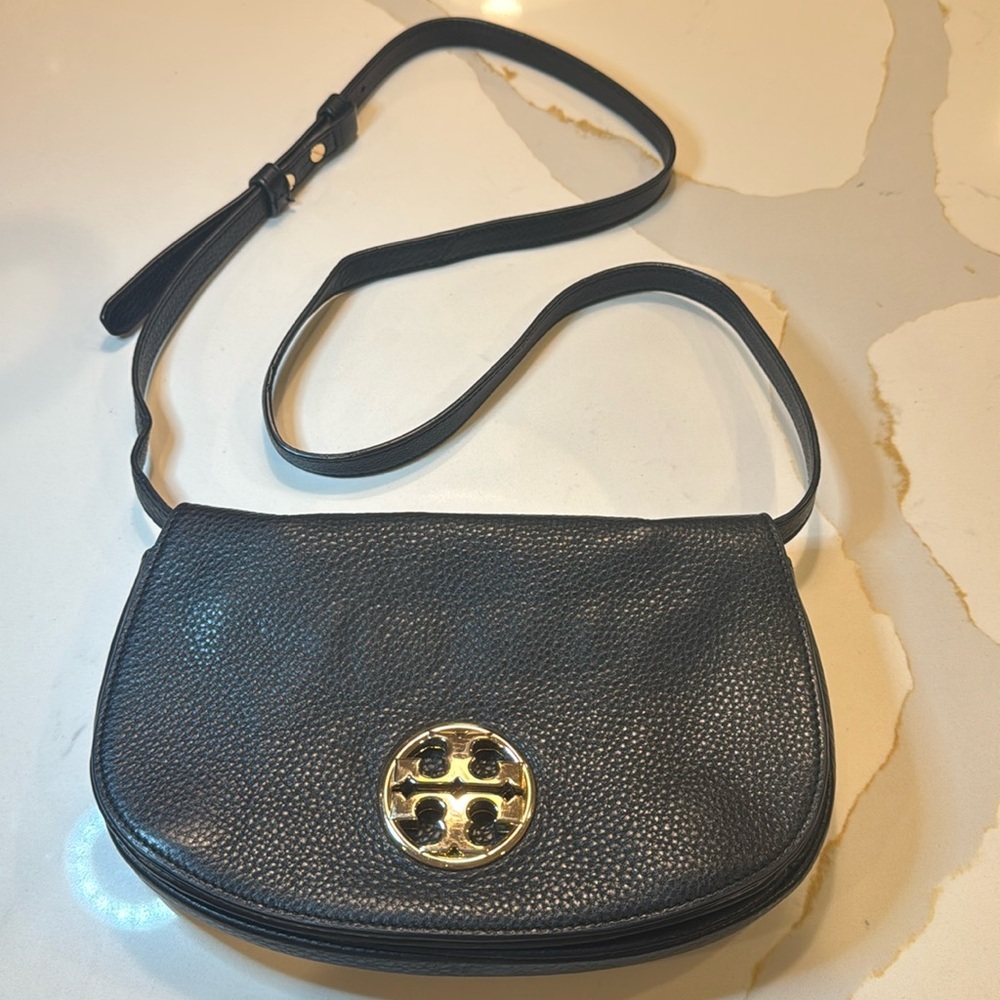 Tory Burch Pebbled Black Crossbody Bag with Gold Emblem